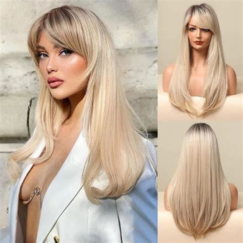 Perruque Longue Blonde Avec Frange Perruque Blonde Ombrée Pour Femme