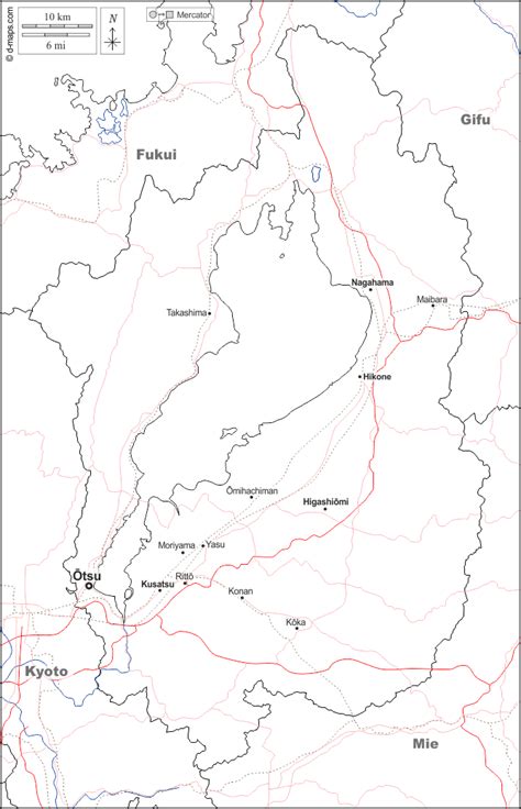 滋賀県 無料地図 無料の空の地図 無料のアウトラインマップ 無料のベースマップ 境界 川と湖 主要都市 道路 名前 白い