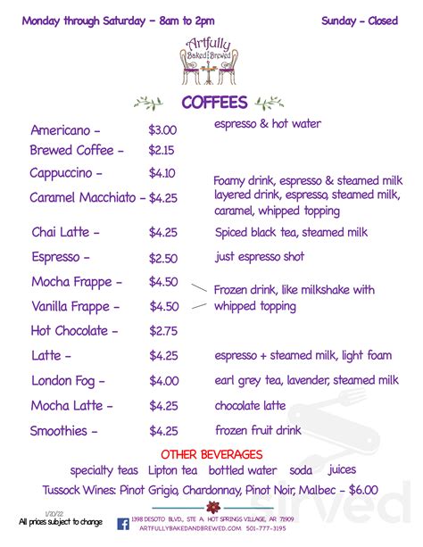 Artfully Baked And Brewed Menus In Hot Springs Village Arkansas United States