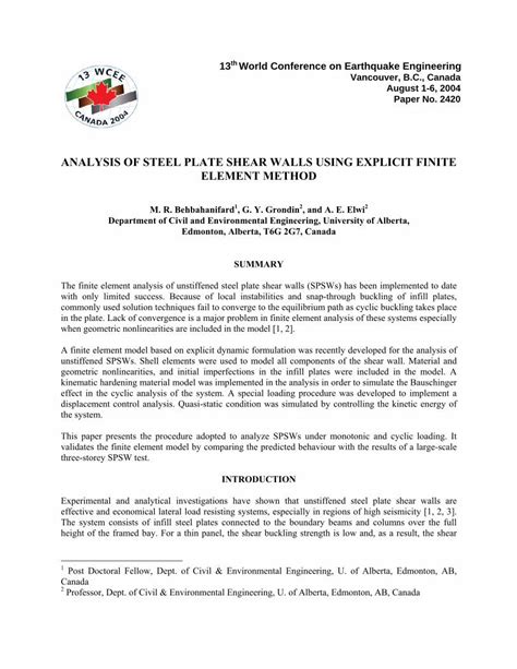 Pdf Analysis Of Steel Plate Shear Walls Using Explicit Finite Element Method Dokumen Tips