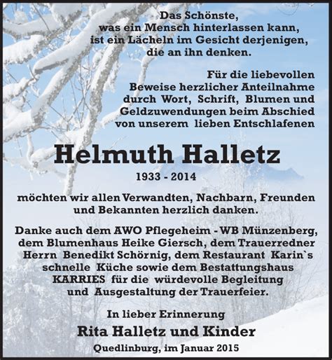 Traueranzeigen Von Helmuth Halletz Abschied Nehmen De