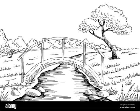 Puente Gráfico Río Blanco Negro Paisaje Dibujo Ilustración Vector