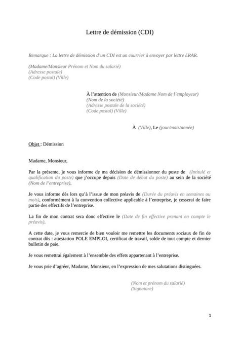 Lettre De D Mission Cdi Mod Le Gratuit T L Charger