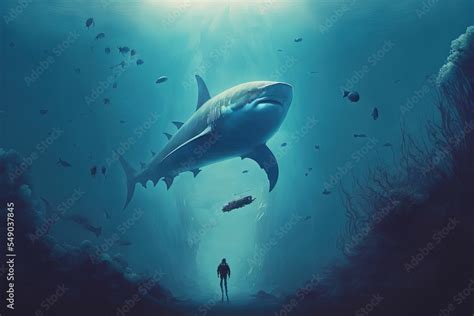 Scuba diver confront with giant shark. Megalodon, Fantasy scenery. concept art. Stock ...