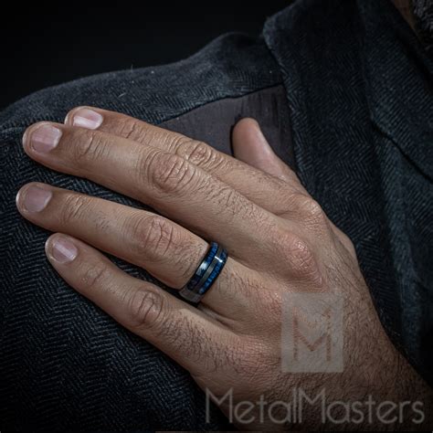 Metal Masters Mens 8mm Tungsten Carbide Wedding Band With Dome Design And Real Blue Wood Inlay