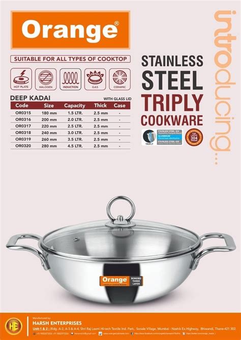 Orange Stainless Steel Triply Kadai Capacity Litre At Rs