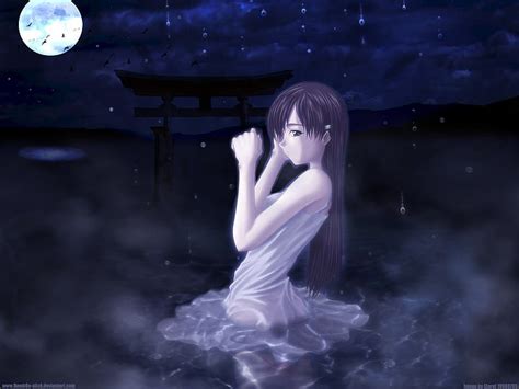 HD wallpaper: anime girls, night, moonlight, lake, one person, young ...