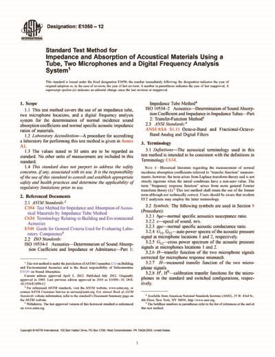 Astm E1050 12 Standard Test Method For Impedance And Absorption Of