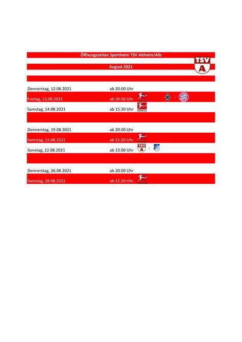 Öffnungszeiten Sportheim August TSV Altheim Alb