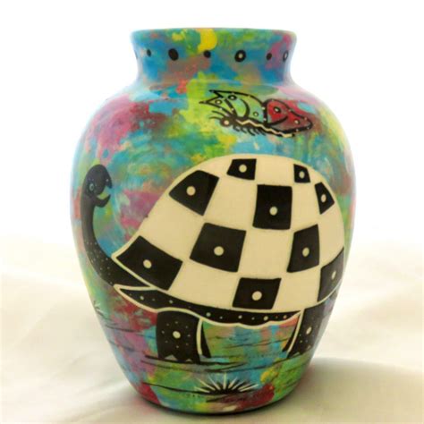 Six Inch Vase With Turtle And Butterfly On Turquoise Blue MANA POTTERY