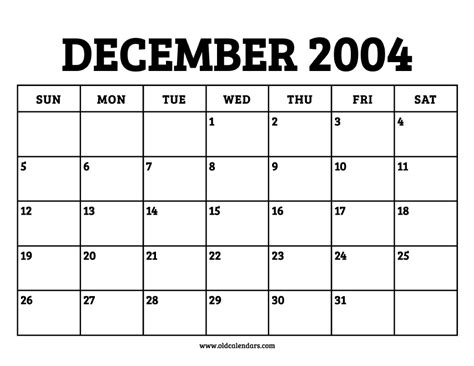 Calendar December 2004 – Printable Old Calendars