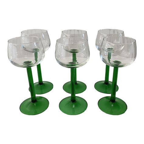 Vintage French Emerald Green Stemmed Wine Glasses Set Of 6 Chairish