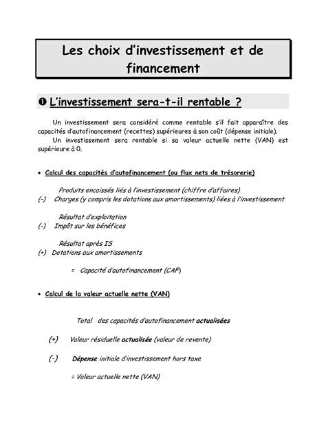 Les Choix Dinvestissement Et De Financement Alloschool