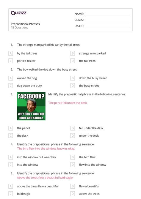 Prepositional Phrases Worksheets For Th Class On Quizizz Free