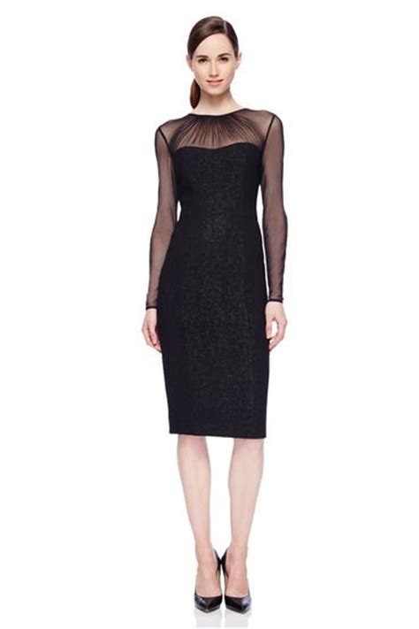 Black Sheer Illusion Cocktail Dress Knee Length Midi Long Sleeve At