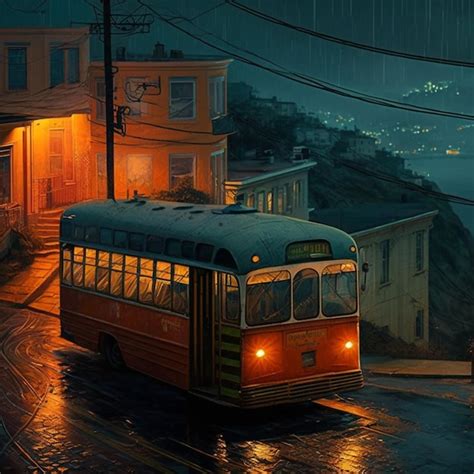 Premium Ai Image A Bus Is On A Rainy Street At Night