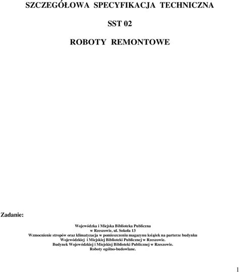 SZCZEGÓŁOWA SPECYFIKACJA TECHNICZNA SST 02 ROBOTY REMONTOWE PDF Free