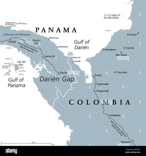 Darien Gap Mapa Político Gris Región En El Istmo De Panamá Que