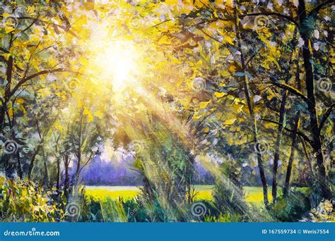 Painting Sunny Forest in Autumn Stock Illustration - Illustration of ...