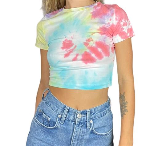 Rainbow tie dye crop top size small 50% polyester,... - Depop