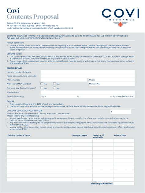 Fillable Online Motorhome And Caravan Proposal Form Covi Insurance