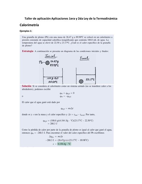 Taller De Aplicaión 1 Era Ley Termodinámica Taller De Aplicación