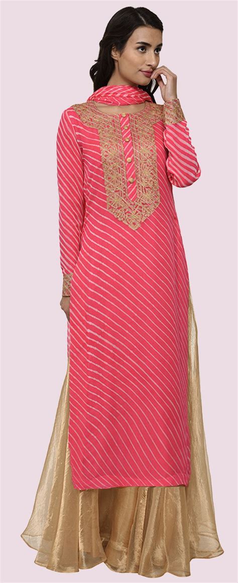 Red Shot Pink Handcrafted Leheriya And Kashmiri Tilla Embroidered Dress