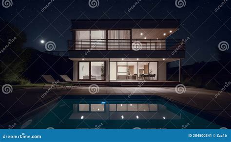 Modern Luxury House with a Swimming Pool at Night, Neural Network ...