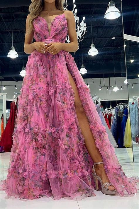 Luuvis Pink Floral Printed Long Prom Dress Charming A Line Sweetheart