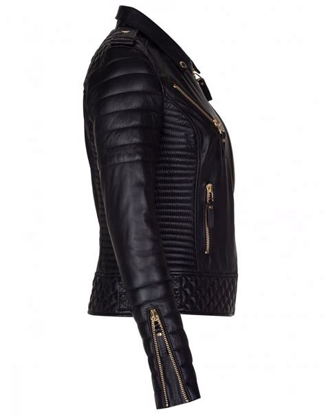 Women Diamond Quilted Kay Leather Black Biker Jacket Black M