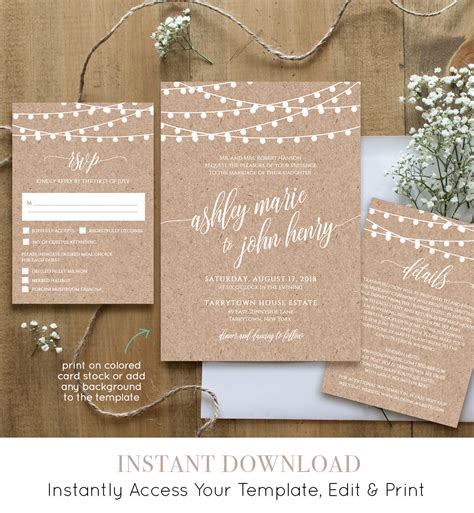 Wedding Invitation Template Printable Rustic Wood String Lights Invite