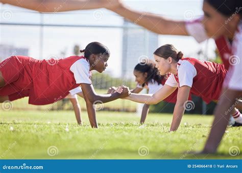 Teamwork, Sports And Health With A Team Training Together In ...