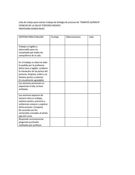 Lista De Cotejo Para Evaluar Trabajo De Biolog A De Proceso De