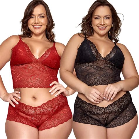 Kit Conjunto Lingerie Renda Espera Marido Sensual Plus Size Cropped E