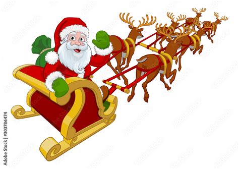 Santa Claus In His Christmas Sleigh With Reindeer Flying Through The Air Stock Vector Adobe Stock