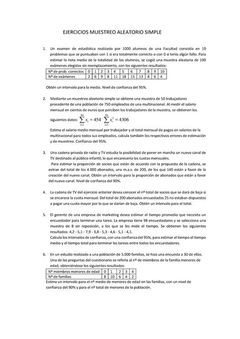 Boletín 1 Ejercicios Muestreo Aleatorio Simple Ejercicios Muestreo Aleatorio Simple 1 Un