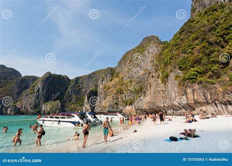 Tropical Island With Crowd Of Tourists Relaxing On Sand Editorial Stock