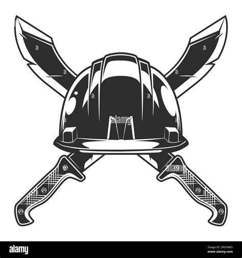 Machete with construction hardhat helmet icon, sharp knife melee weapon