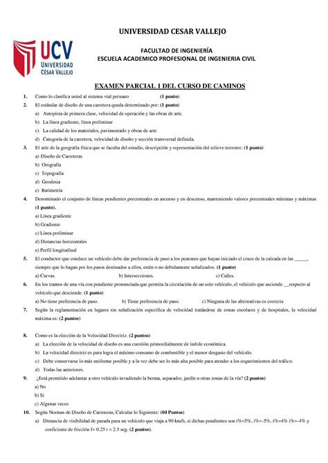 Examen Parcial Grupo C Examen Parcial Del Curso De Caminos