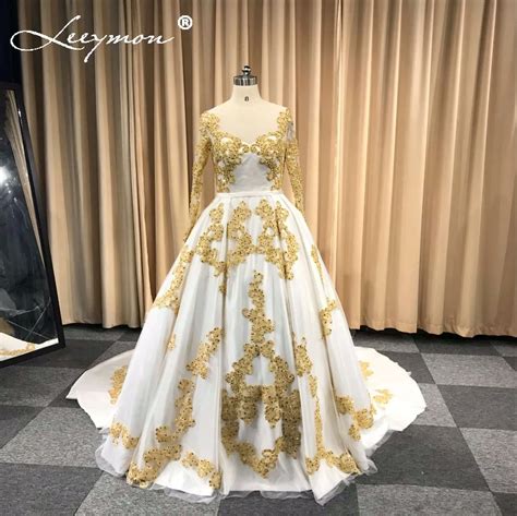 2019 New Gold Appliques Beaded Wedding Dresses Vintage Full Sleeves