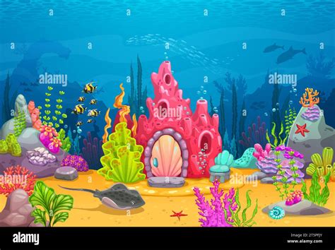 Cartoon Underwater Landscape With Fairytale Coral House Building