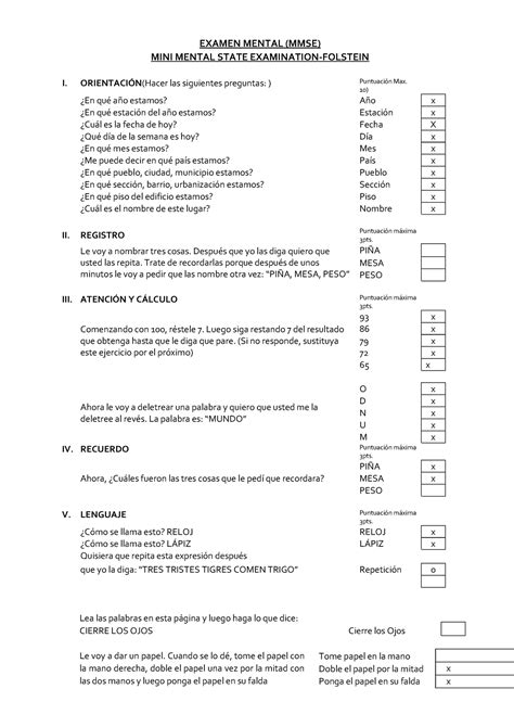 Examen Mental De Folstein EXAMEN MENTAL MMSE MINI MENTAL STATE