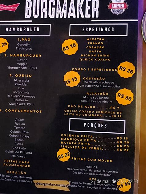 Menu em Burgmaker Hambúrguer e Espetinhos restaurante Curitiba