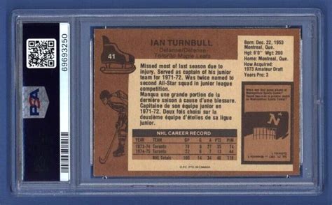 O Pee Chee Ian Turnbull Psa Nm Mt Toronto Maple Leafs