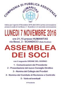 L ASSEMBLEA DEI SOCI HUMANITAS CONVOCATA PER IL 7 NOVEMBRE 2016