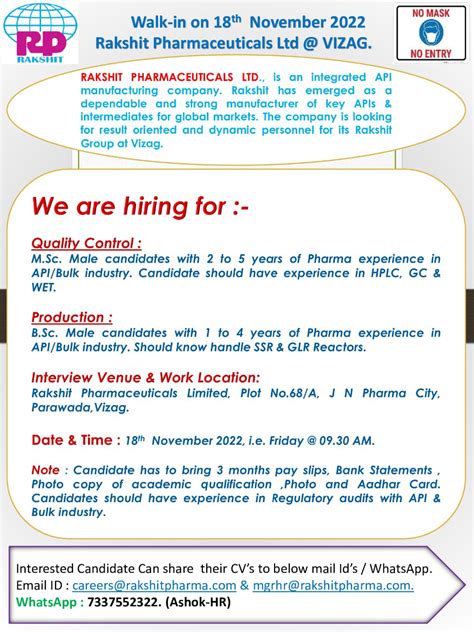 Rakshit Pharmaceuticals Ltd Walk In Interview For Qc Production Department