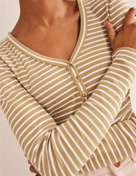 Stripe Ribbed Fitted Henley Camel Ivory Stripe Boden UK