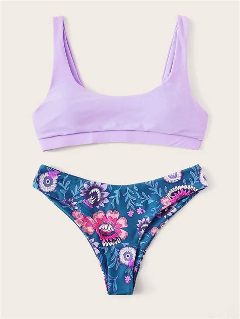 Purple Scoop Neck Cami Top Swimsuit Low Rise Floral Bikini Bottom