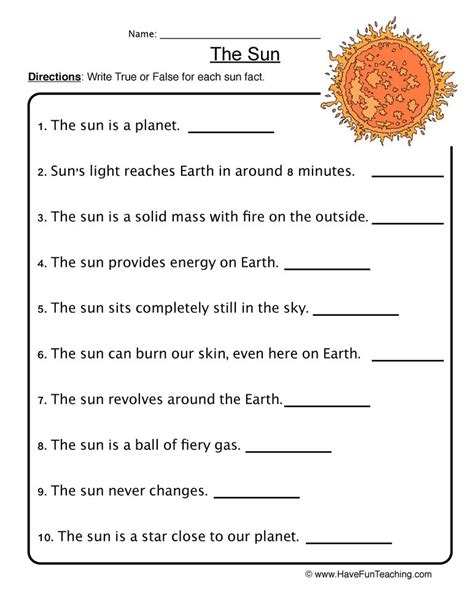 About The Sun Worksheets