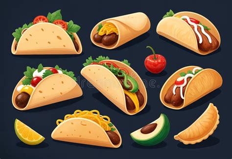 A Collection Of Vector Illustration Of Hispanic Food Including Tacos